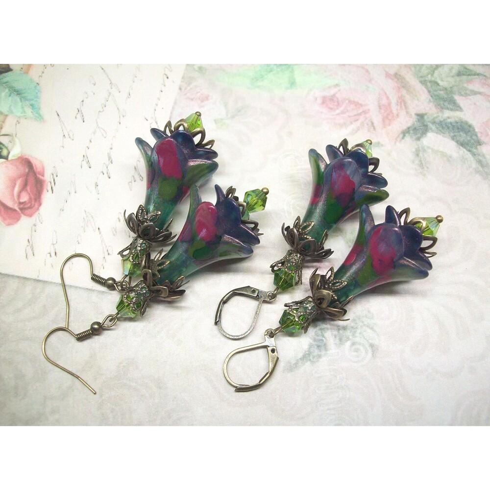 Art Nouveau Earrings Dangle, Vintage Style, Bronze, Hand Painted, Flower Earring